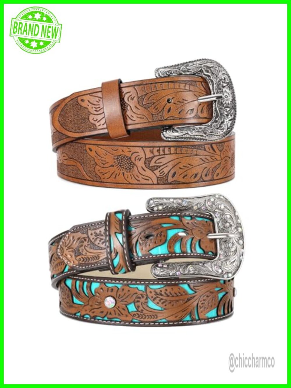 2 Pack Women Western Faux Leather Belts Big Silver Buckle Adjustable Waist 27-36